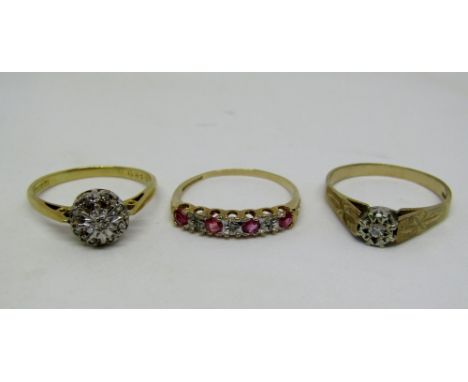 Two illusion set diamond rings; one 18ct and one 9ct, together with a further 9ct ring set with pink spinel and diamonds, 6.5