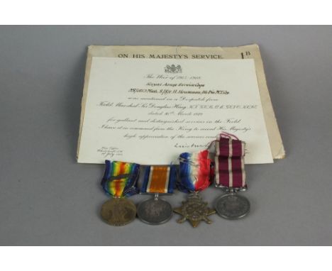 A group of four World War I medals comprising Army Meritorious Service Medal, the 1914 Star, British War Medal and Victory Me