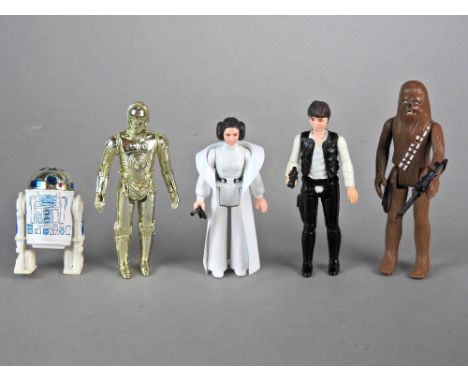 Kenner Star Wars vintage 3¾ action figures: Han Solo with weapon, Princess Leia with weapon, Chewbacca, with weapon, C3PO (no