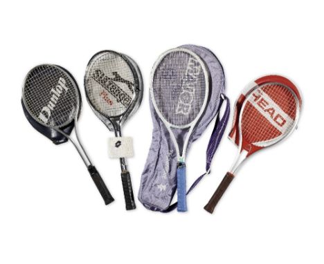 A selection of four modern tennis rackets belonging to Sir Roger MooreComprising: an AMF Head example with cover; an aluminiu