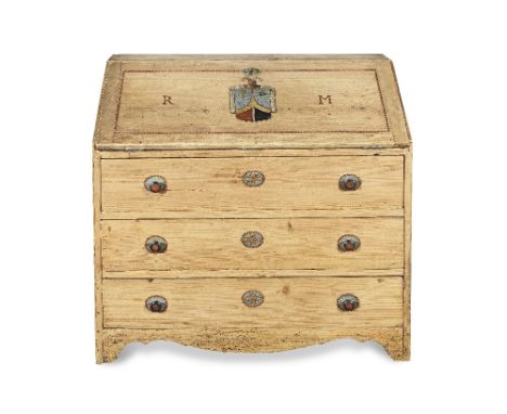 A Swiss 19th century pine bureauThe fall painted with 'R' 'M' flanking a coat of arms and enclosing compartmentalised drawers