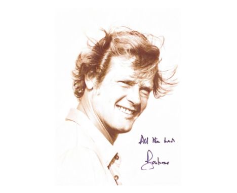 A sepia signed photographic print of Sir Roger MooreSigned All the best, Roger Moore,  37cm high x 26.75cm wide (14 1/2in hig