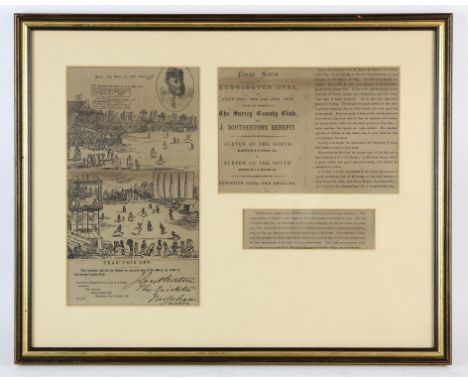 Cricket - Signed cricket bat Sussex v Warwickshire at Lords, framed and Grand Match Kennington Oval ticket / programme framed