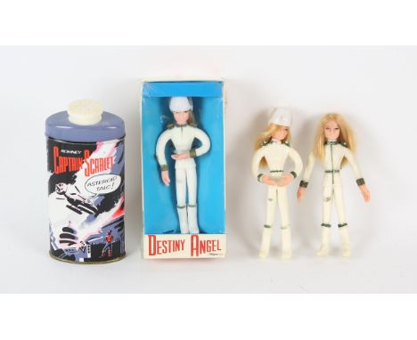CAPTAIN SCARLET. 1 x tin of ASTEROID TALC 3 x Destiny Angel Pedigree toys. Condition Report:  Talc tin has some tarnish, cont