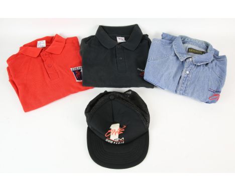 Vintage BBC Radio 1 polo shirts, jacket and cap - includes a red polo shirt with embroidered label on left breast and One FM 