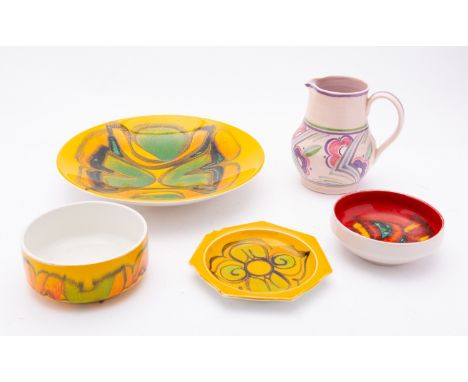 Four pieces of Poole pottery in the Delphis pattern in shades of red and yellow, largest plate, 27cm diameter, printed and pa