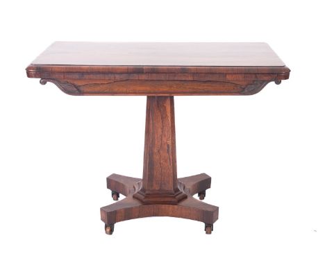 A Victorian rosewood rectangular card table, the baize lined hinged top with a moulded edge and rounded corners, on a chamfer