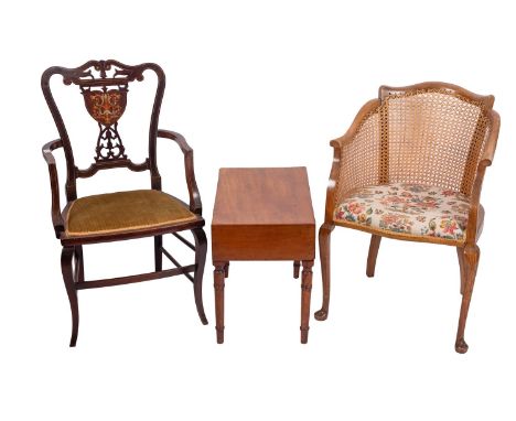 An Edwardian beech and canework tub chair, an Edwardian marquetry worked open elbow chair; and a Regency mahogany pot stool, 