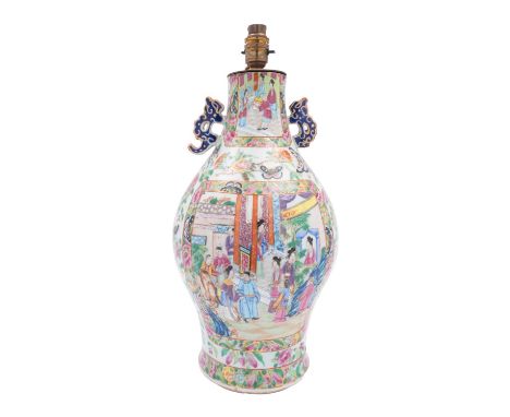 A Chinese Canton famille rose vase table lamp, late Qing Dynasty painted with terrace scenes, brightly coloured birds, butter