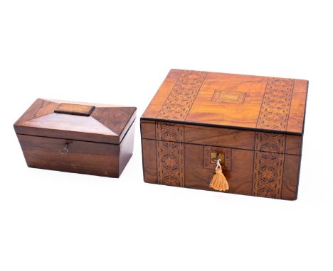 A Victorian walnut and parquetry writing slope, second half 19th century; the exterior with twin bands of Tunbridgeware style