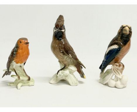 3 1960’s Goebel pottery birds. A Goebel Waxwing 17cm. A Goebel Robin 12.5cm. A Goebel Hawfinch 16cm. 