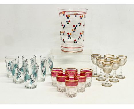 Mid Century Glassware. A 1960’s hand blown and painted vase. A set of 6 stemmed gilt port glasses. 6 gilt and Ruby glass shot