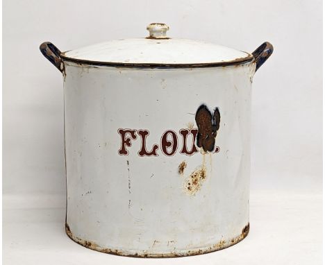 A large early 20th century enamel flour pot. 44x41cm 