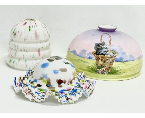 3 vintage glass shades. Including a 1930’s hand painted glass light shade of cats in baskets 23x13cm. An Art Deco drip glass 