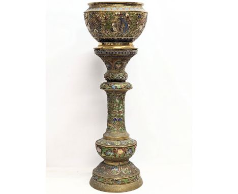 A large vintage brass and enamel jardinière on stand. 86.5cm 