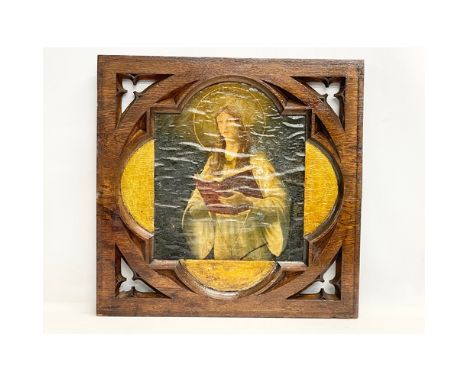 A late 19th century Neo gothic style carved oak panel with print of religious figure. Circa 1880-1900. 52x51cm 