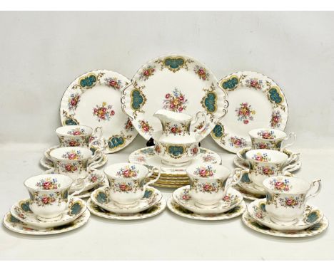 A 35 piece Royal Albert ‘Berkeley’ tea set. 8 salad plates, 8 sandwich plates, 8 cups, 8 saucers, cake plate, milk jug, sugar