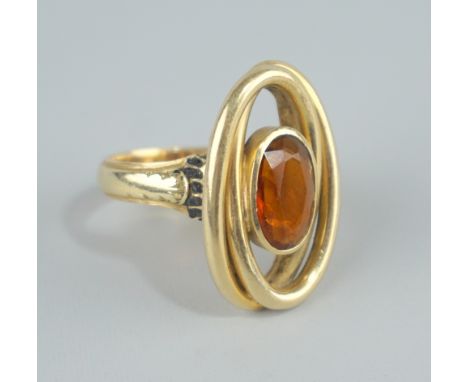 Ring mit Citrin und schwarzer Emaille, 585er Gelbgold, um 1930 Gew.9,33g, ovaler, facettierter Stein, Ringkopf-HxB ca,2,5x1,6