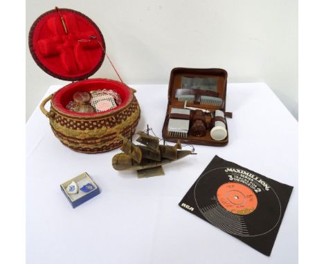 LOT OF VINTAGE COLLECTABLESincluding lady's and gentleman's travelling sets, pair of brass candlesticks, Wade pipe holder, tw