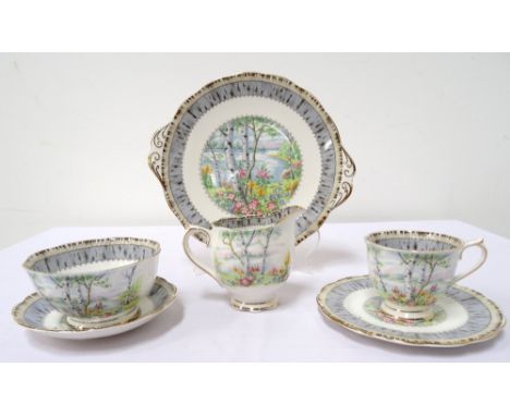 ROYAL ALBERT TEA SERVICEin the Silver Birch pattern comprising twelve settings of cups and saucers, side plates, two sandwich