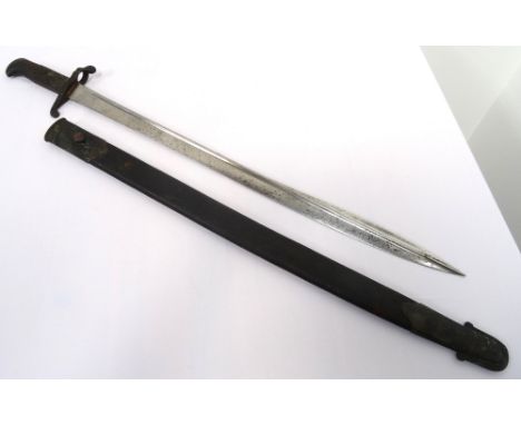 BRITISH 1855 PATTERN SWORD BAYONETwith black pressed leather grips, the 60.3cm long blade marked 'Reeves' and bearing various