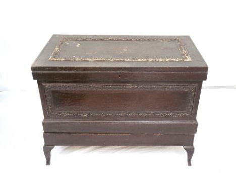 PAINTED PINE BLANKET BOXwith a panelled lift up lid and front, standing on a later stand with bracket feet, 102cm wide 