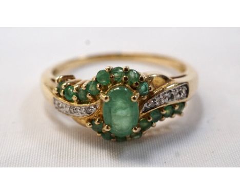 EMERALD AND DIAMOND CLUSTER DRESS RINGon unmarked gold shank, ring size R