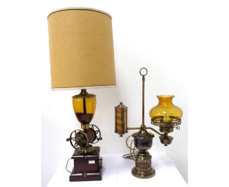 TWO DECORATIVE RETRO 1970s TABLE LAMPSone converted/modelled as a coffee grinder with woven fabric shade, 96cm total height, 