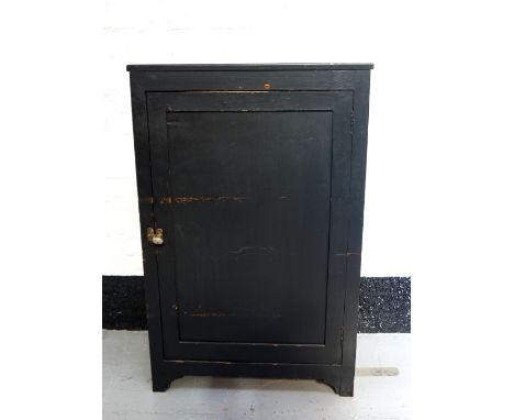 VINTAGE PAINTED PINE CUPBOARDthe hinged door with shaped handle, shelved interior, raised on short supports, 122cm high x 78c