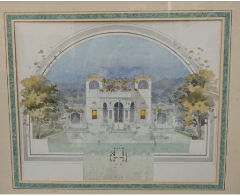 SET OF FOUR FRENCH ARCHITECTURAL PRINTSdepicting the rear elevation and pond to a villa, all framed and glazed (4) 