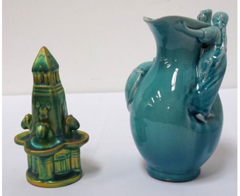 ZSOLNAY MINIATURE EOSIN GLAZE FOUNTAINmodelled on the Zsolnay Fountain in Pecs, Hungary, 13.5cm high; together with a Zsolnay