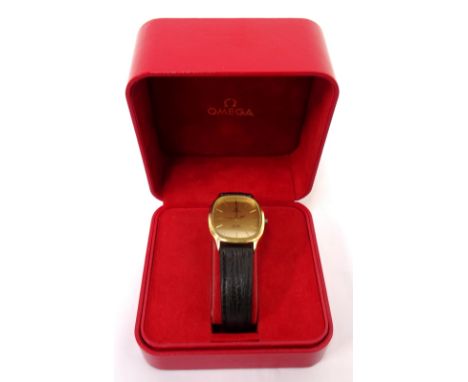 1980s 'OMEGA DE VILLE' QUARTZ WRISTWATCHwith gold plated case and stainless steel backplate, baton numerals, with leather str