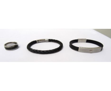 EMPORIO ARMANI RINGwith black woven effect carbon fibre band; an Emporio Armani stainless steel and rubber bracelet; and a Fo