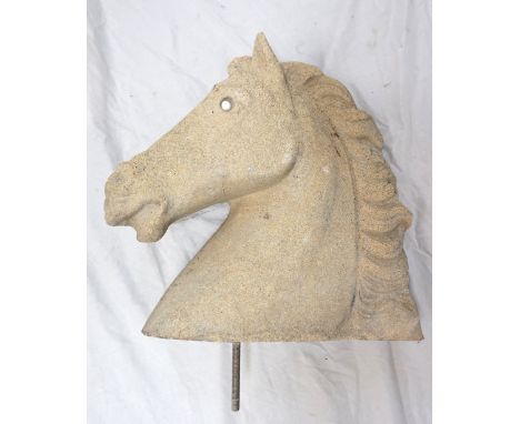 PAIR OF RECONSTITUTED STONE HORSE HEAD GATE PEER FINIALSwith glass eye detail and metal bolt fixings, 38cm high  