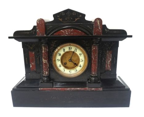 VICTORIAN BLACK SLATE MANTEL CLOCKof classical architectural form, with marble facings, raised on plinth base, 36cm high x 45