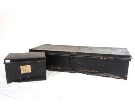 VINTAGE METAL TRUNKwith side carrying handles and sliding locks, 24cm high x 105cm long x 38cm deep, together with a metal de