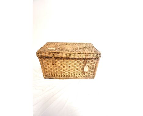 LARGE VINTAGE CANED LAUNDRY BASKETwith a lift up lid and side carrying handles, 88cm wide 