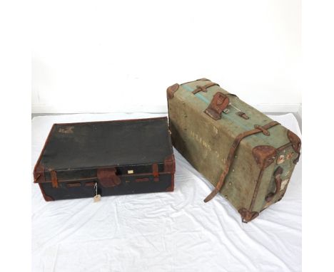 LARGE VINTAGE TRAVEL TRUNKcloth bound with leather straps, reinforced corners and side carrying handles, 90cm wide, together 