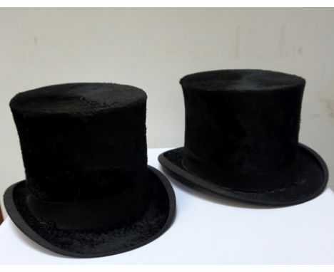 THREE VINTAGE GENTLEMAN'S BLACK SILK TOP HATStwo marked for 'Lincoln Bennett, Piccadilly, London' and 'Shipley's, Elgin', wit