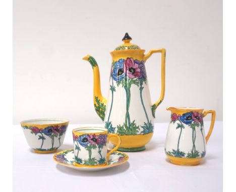 1930s ADDERLEYS 'ANEMONE' BONE CHINA COFFEE SERVICEcomprising coffee pot with cover, five cans, six saucers, sugar basin and 