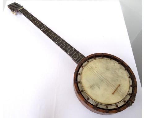 VINTAGE LONG NECK FIVE STRING BANJOlabelled 'The Challenge AV&C L', with bone handled tuning pegs