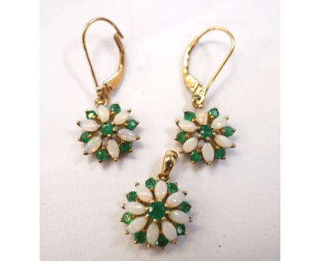 ATTRACTIVE SUITE OF OPAL AND EMERALD JEWELLERYcomprising a pendant and a pair of drop earrings, each with an opal and emerald