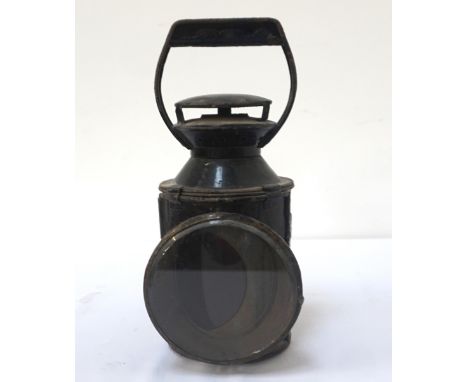VINTAGE RAILWAY LAMPmarked 'B.R.' to the side with a rotating handle to change the lens colour to yellow, red and blue, 29cm 
