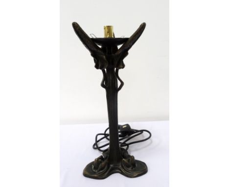 SPELTER LAMP BASEmodelled as a stylised three leaf lily on stalk, with a three frog base, 40cm high