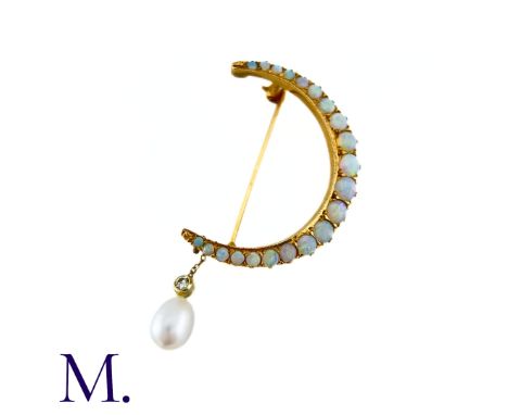 An Opal, Diamond And Pearl Crescent Brooch in yellow gold, designed as a crescent moon set with cabochon opals, suspending a 