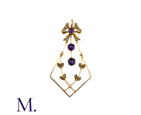 An Antique Amethyst And Pearl Pendant in 9k yellow gold, the top of bow form set with a round cut amethyst and pearls, suspen