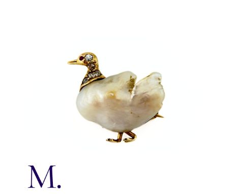 An Antique Pearl And Diamond Novelty Duck Brooch in yellow gold, the baroque pearl forming the body of the duck with a diamon