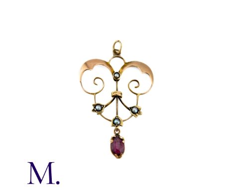 An Antique Garnet And Pearl Pendant in 9k yellow gold, of scrolling pearl set design, suspending an oval cut garnet drop. Sta