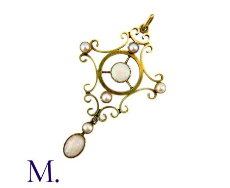 A Pearl And Opal Pendant in 15k yellow gold, of scrolling design, the central opal accented by pearls, suspending a further o