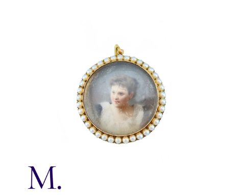 An Antique Portrait Miniature Pendant in yellow gold, set with a miniature depicting a woman, in a border of pearls. (unmarke